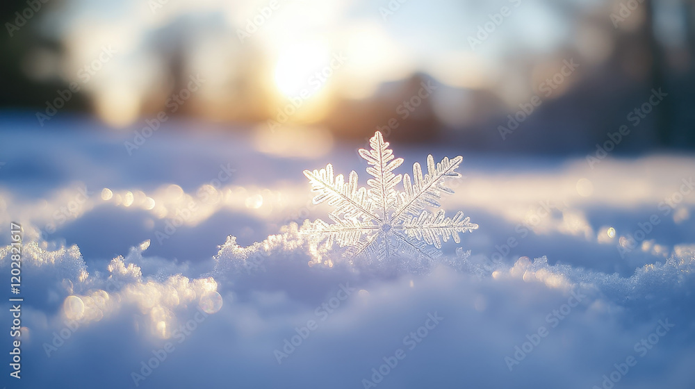 Poster a close-up of a snowflake on fresh, pristine white snow with the sun's rays creating beautiful light