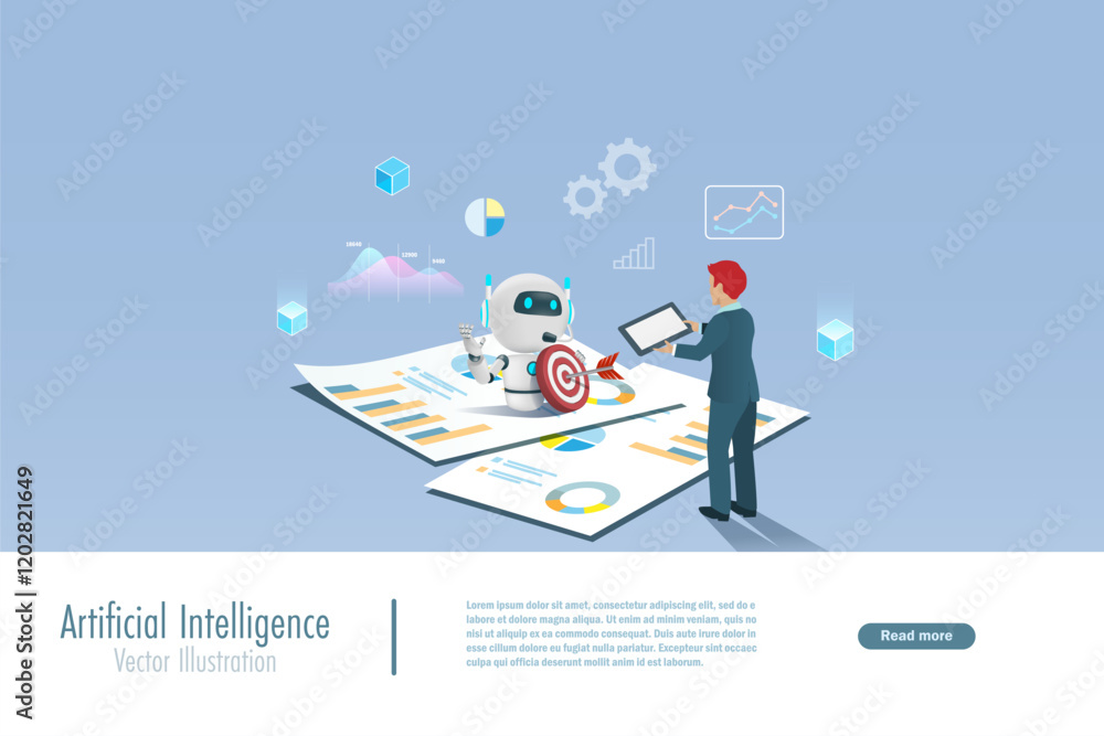 Poster ai artificial intelligence robot holding marketing target on business paper report. ai technology ac