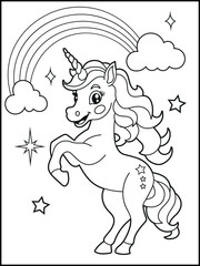 Illustration of a cute baby unicorn cartoon character. Black and white Printable Unicorn coloring page for kids.