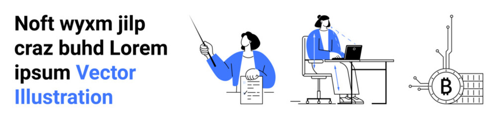 Two business figures in blue attire one presenting data, the other working on a laptop. Includes blockchain symbol. Ideal for education, remote work, finance, technology, business training, online