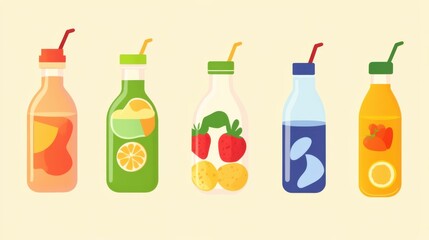 Colorful assortment of fruit beverages in glass bottles with straws on a light background