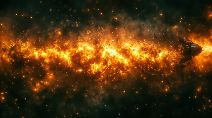 Fototapeta premium spacecraft launching into cosmos, surrounded by fiery explosions and cosmic dust, symbolizes exploration and adventure in vast universe