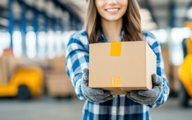worker delivering box with warm smile in warehouse setting, showcasing dedication and service. environment is bright and organized, reflecting positive atmosphere