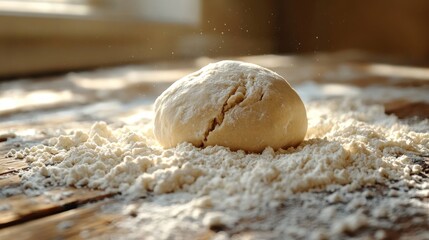 Dough ball, floury surface, wooden background.