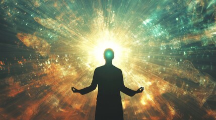 Fototapeta premium Spiritual meditation silhouette, ascending chakra energy points, radiant sunburst background, peaceful yoga pose, mystical energy visualization, ethereal light effects, sacred geometry elements,