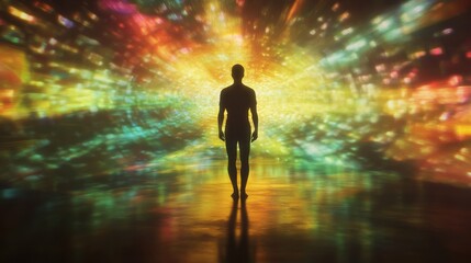 Spiritual awakening visualization, glowing chakra energy centers, ethereal light emanation, meditative silhouette form, peaceful yoga atmosphere, mystical energy flow, sacred spiritual practice,