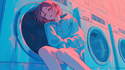 Anime girl resting near washing machine