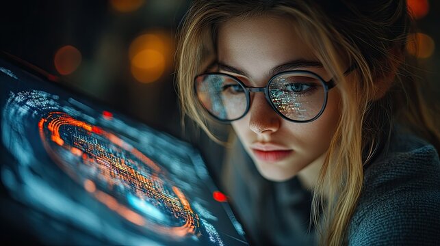 A focused individual analyzing data on a futuristic screen with glowing graphics.