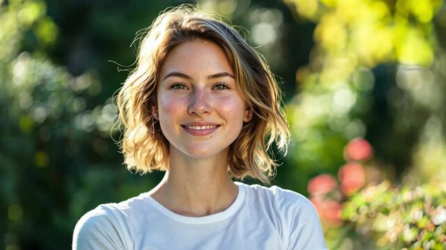 A woman with blonde hair and a white shirt is smiling in front of a bush