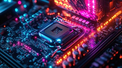 Fototapeta premium Neon-lit computer motherboard, CPU installed.