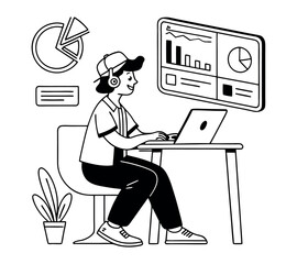 Set business flat line art vector illustration design cartoon character working action style concept. online video conference meeting. Business planning. data analytics