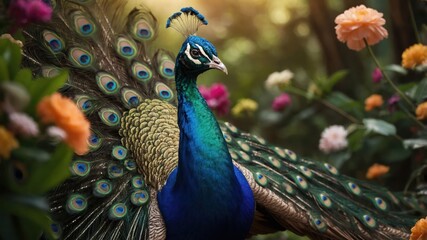 Obraz premium A vibrant peacock displays its colorful feathers amidst blooming flowers in a lush garden.