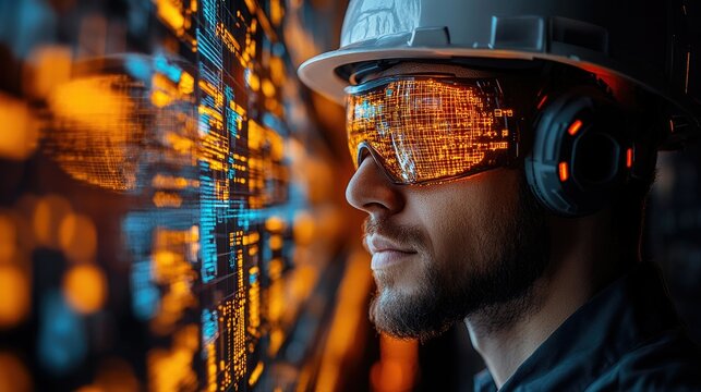 A focused worker in safety gear analyzes digital data on a futuristic interface.