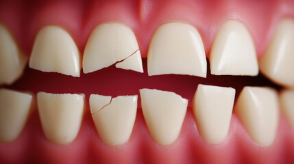 Teeth and tooth, Close-up of cracked teeth, showcasing two distinct broken sections amidst a backdrop of pink gums, highlighting dental issues.