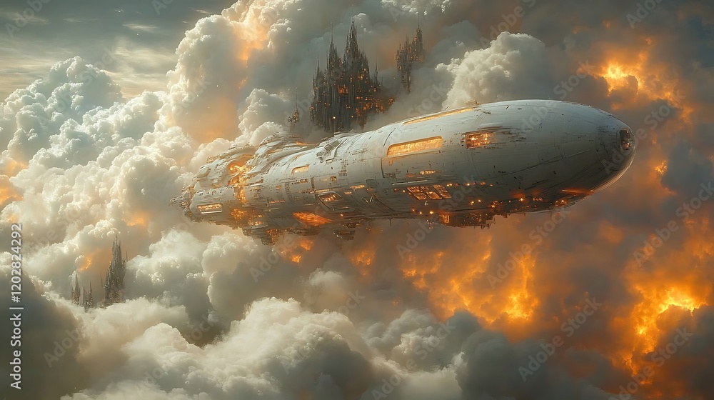 Poster damaged spaceship flies above fiery cloudscape; gothic architecture in distance; concept art