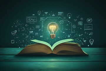 Open book on wooden table with glowing light bulb and magical sparks and particles on  library background,