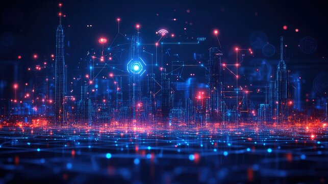A futuristic cityscape illuminated by digital connections and data visualizations.