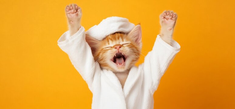 Yawning kitten in bathrobe, orange background.  Cute pet image for greeting cards