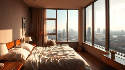 Comfortable bedroom interior with a large bed, stylish furniture, and a window overlooking the city