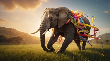 Naklejka premium An elephant adorned with colorful ribbons joyfully runs through a vibrant landscape.