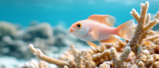 A vibrant coral reef underwater scene featuring a colorful fish, showcasing marine life beauty.