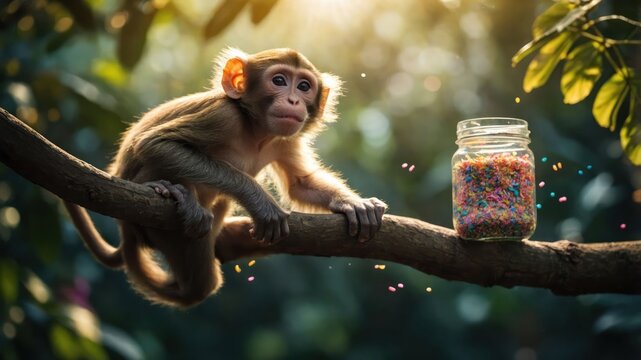 A monkey sitting on a branch next to a jar of colorful sprinkles in a natural setting.