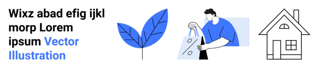 Large blue leaf, person holding a shopping bag, and house. Ideal for sustainability, eco-friendly living, home improvement, shopping, nature minimalist lifestyle modern living. Landing page