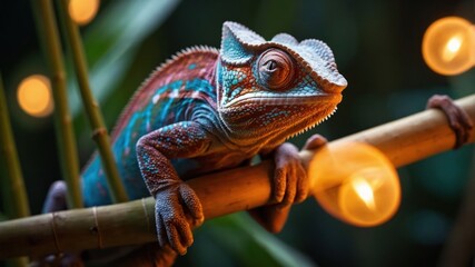 Fototapeta premium A colorful chameleon perched on a bamboo branch amidst soft glowing lights.