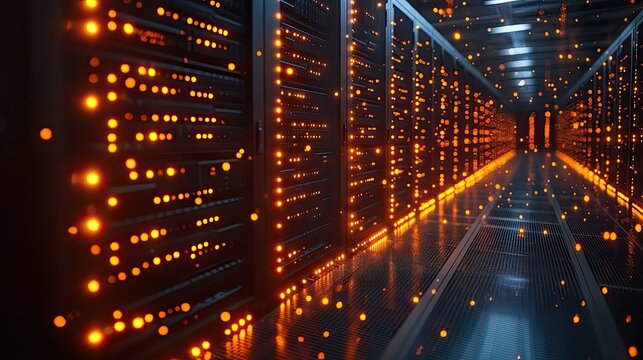 A futuristic data center illuminated with glowing orange lights, showcasing technology and infrastructure.