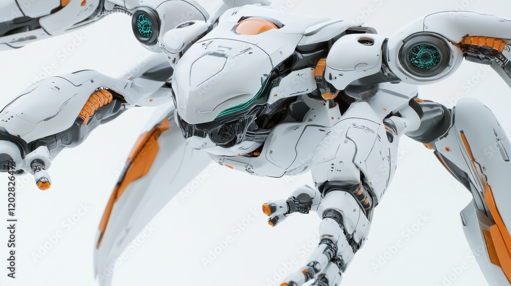 Poster futuristic robotic creature with intricate design and articulated limbs in a minimalist setting