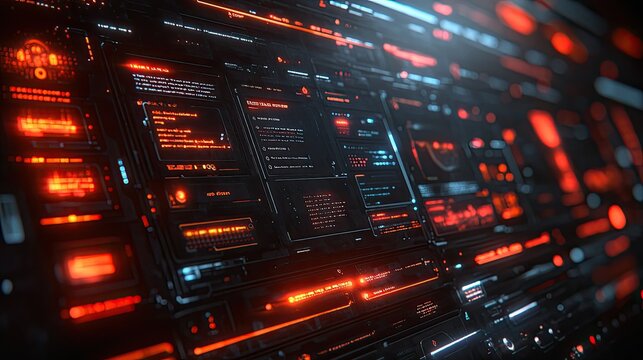 A futuristic digital interface with glowing elements and data displays.