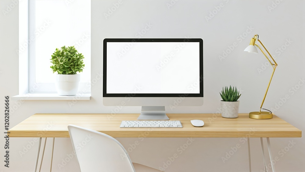 Aufkleber modern workspace mockup with blank computer screen