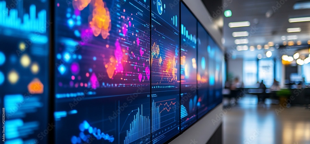 Poster data visualization wall display in office, showing global analytics; blurred background