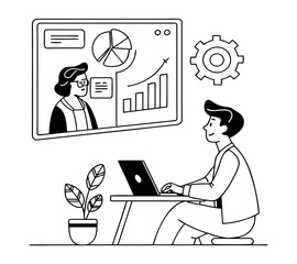 Set business flat line art vector illustration design cartoon character working action style concept. online video conference meeting. Business planning. data analytics