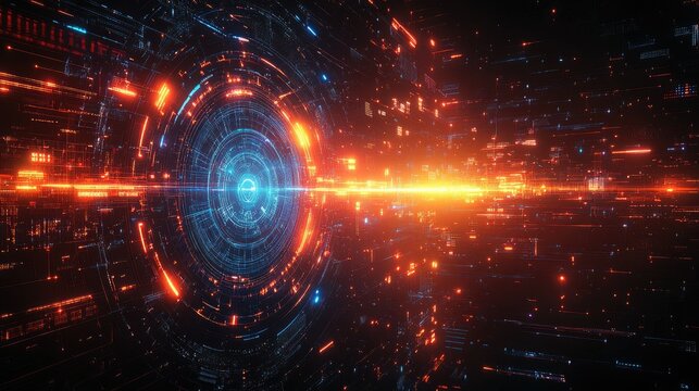 A futuristic digital landscape featuring glowing lines and circular patterns, suggesting data flow.