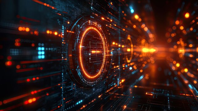 A futuristic digital landscape with glowing circuits and data streams.