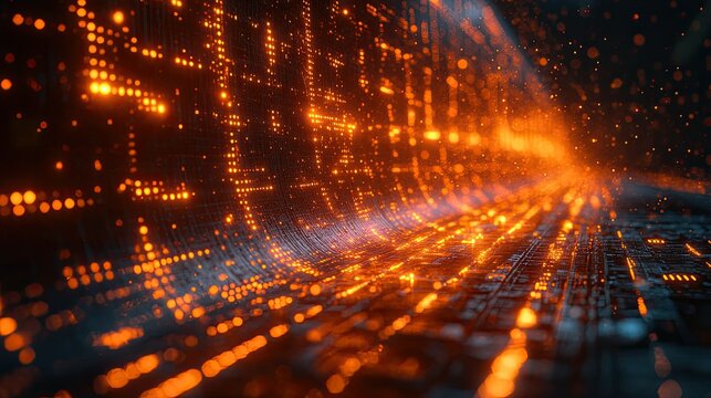 A futuristic digital landscape with glowing data streams and particles.