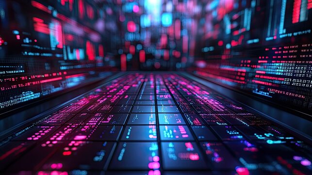 A futuristic digital landscape with glowing lines and data streams.
