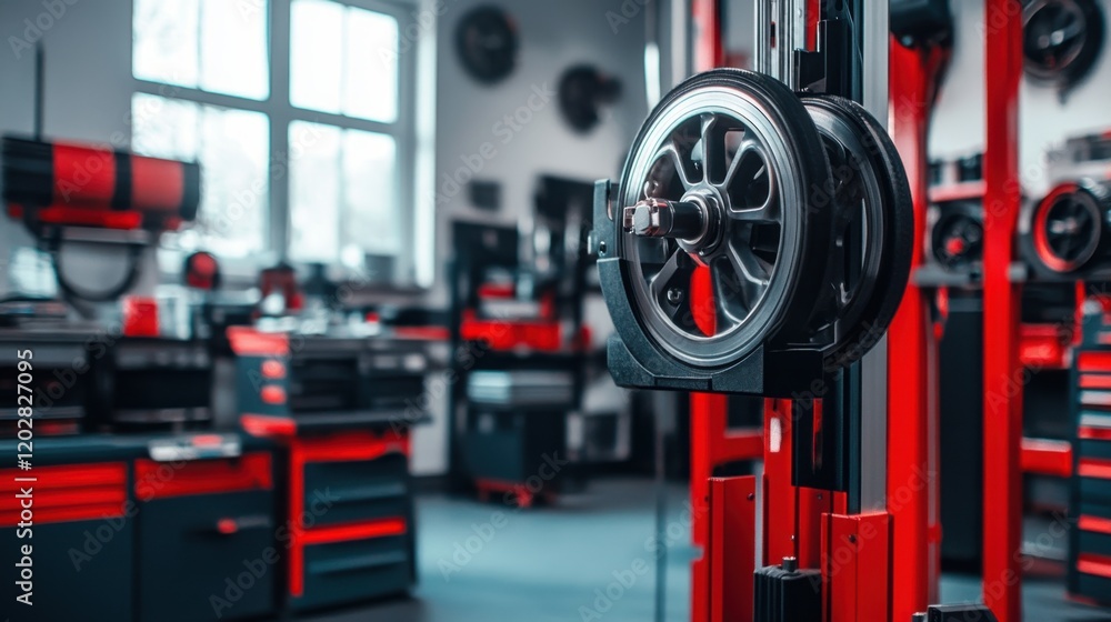Poster a car wheel alignment system in action in a workshop.