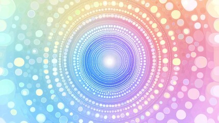 Circular mandala pattern with concentric dots in vibrant rainbow colors, intricate geometric arrangement from outer blue circles through pink, orange, yellow, green, purple to cyan center, sacred