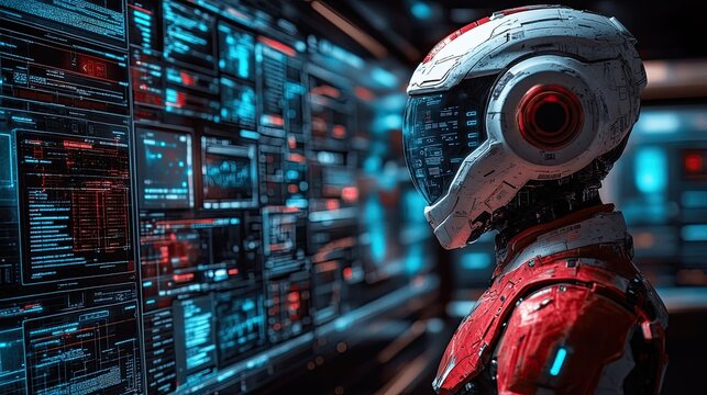 A futuristic humanoid figure in a helmet observes a digital interface filled with data and graphics.