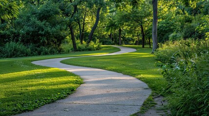 Obraz premium A scenic, winding footpath surrounded by lush greenery in a park.