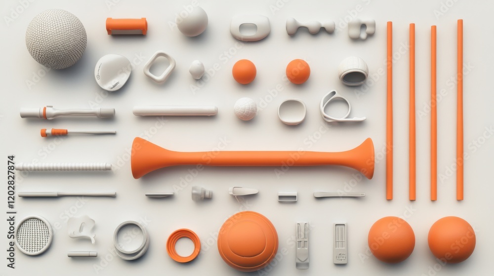 Poster a collection of various orange and white abstract shapes and objects arranged on a flat surface