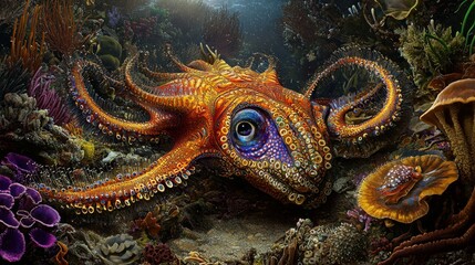 Obraz premium Colorful Octopus Surrounded by Vibrant Coral Reef in a Lively Underwater Environment