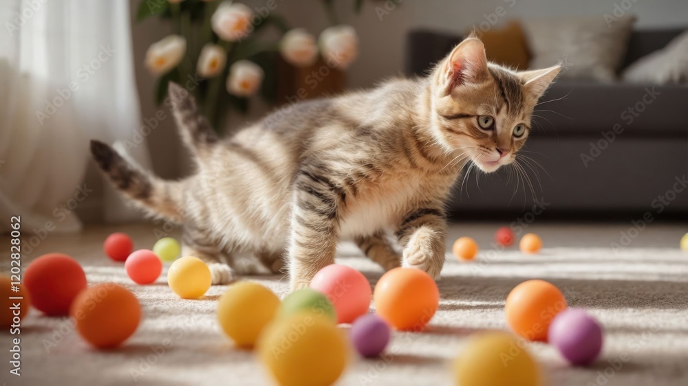 Poster A playful cat explores a colorful array of balls on a cozy carpeted floor.