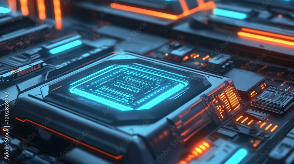 Poster a close-up of a computer chip with intricate circuitry glowing blue.