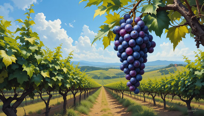 Fototapeta premium Vineyard Landscape with Ripe Grapes and Sunny Sky