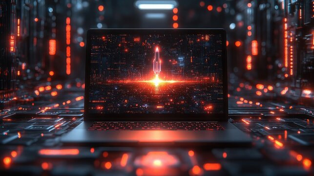 A futuristic laptop displaying a glowing digital interface in a high-tech environment.