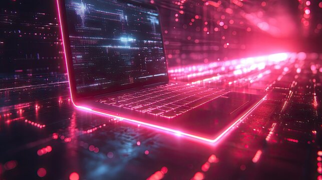 A futuristic laptop surrounded by glowing data streams, symbolizing technology and digital innovation.