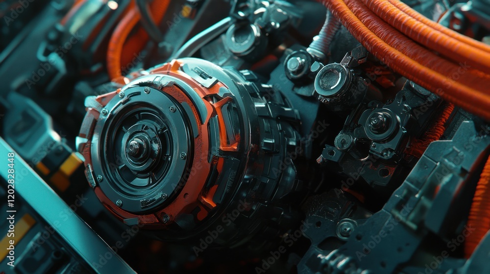 Poster a close-up of a generator engine's intricate mechanical components.